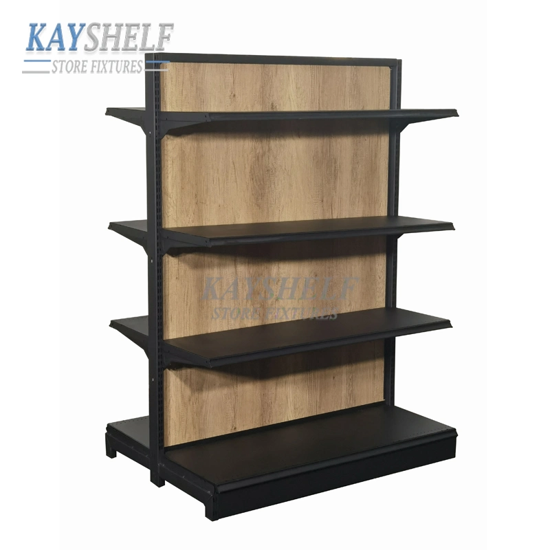 Double Sided Wooden Panel Retail Display Shelves Supermarket Gondola Rack